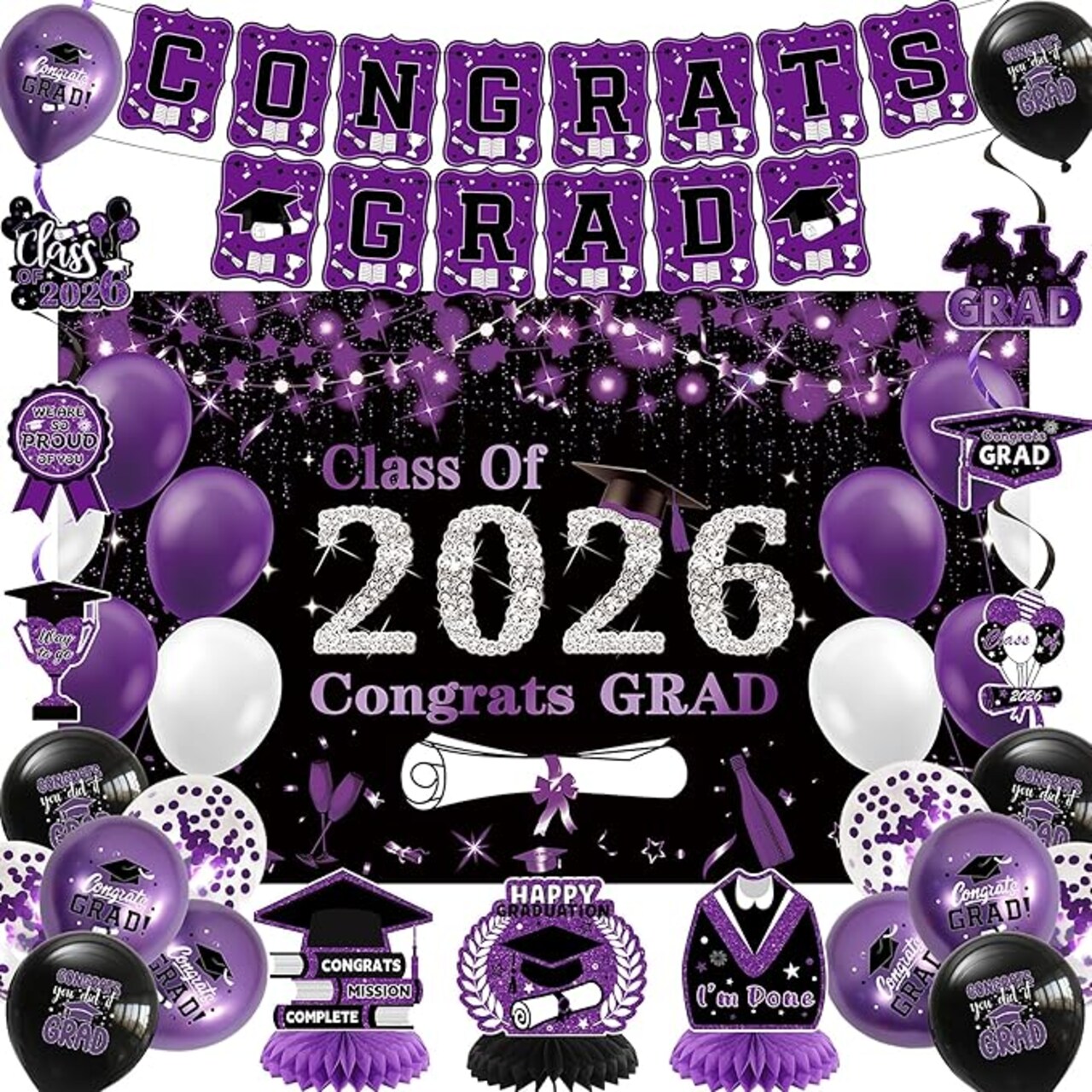 Black Purple Graduation Party Decorations, Purple Class of 2026 Graduation Banner, 2026 Congrats Grad Honeycomb Hanging Swirl Confetti Balloon Congratulations Graduates Party Supplies(25PC)